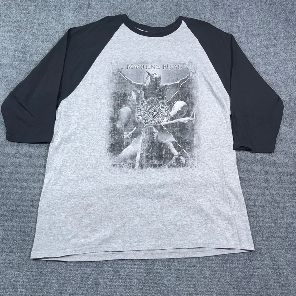 Anvil Machine Head Raglan Graphic T-Shirt Mens XL 3/4 Band Tee Gray Black Grunge